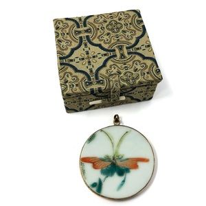Vintage Chinese hand painted porcelain shard pendant with presentation box